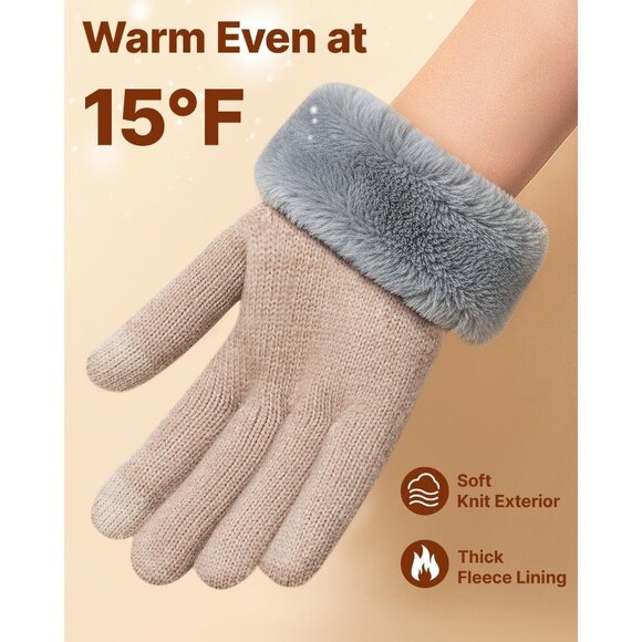 🆕Women Beige Winter Warm Touchscreen Texting Knit Thermal Wool Lining Gloves - Picture 4 of 8